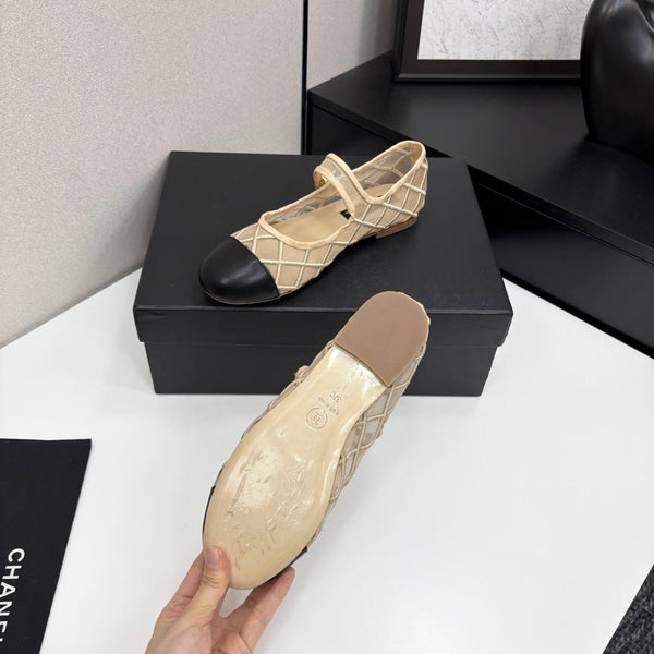 CC 25 Mary Jane Beige Mesh Black Calfskin
