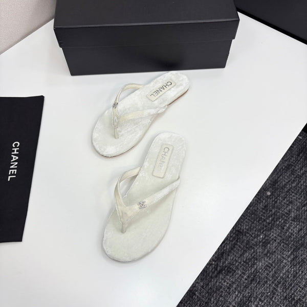 CC Crystal Logo Thong Sandal White Velvet 352477