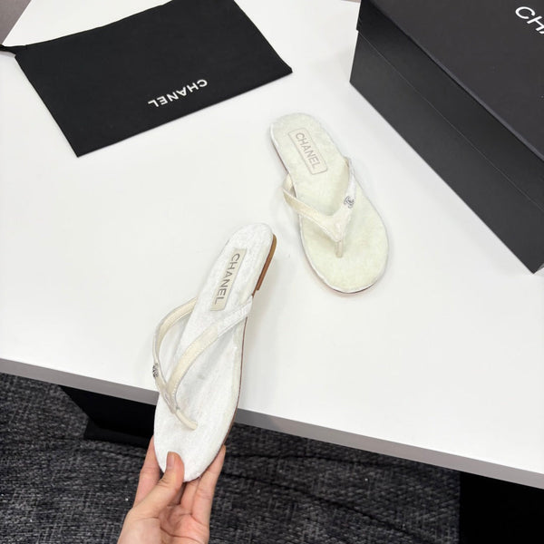CC Crystal Logo Thong Sandal White Velvet 352477