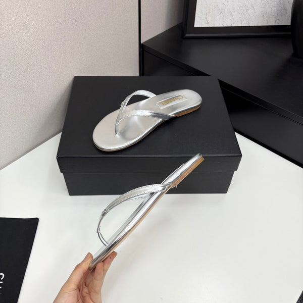 CC Crystal Logo Thong Sandal Silver Metallic Sheepskin 352486