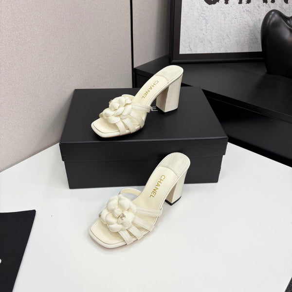 CC 25 Camellia Open Heel Mule Sandals 90mm Ivory Sheepskin And Fabric 368840
