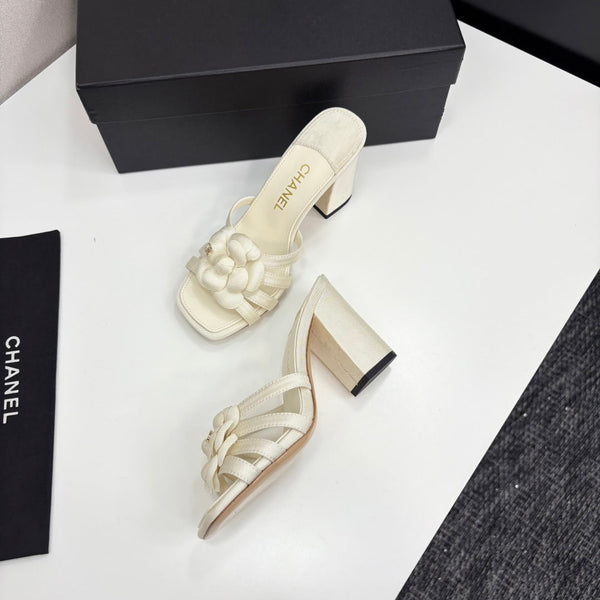 CC 25 Camellia Open Heel Mule Sandals 90mm Ivory Sheepskin And Fabric 368840