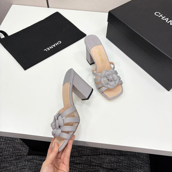 CC 25 Camellia Open Heel Mule Sandals 90mm Grey Beige Sheepskin And Fabric 368842