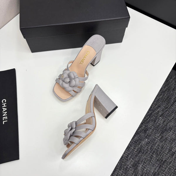 CC 25 Camellia Open Heel Mule Sandals 90mm Grey Beige Sheepskin And Fabric 368842