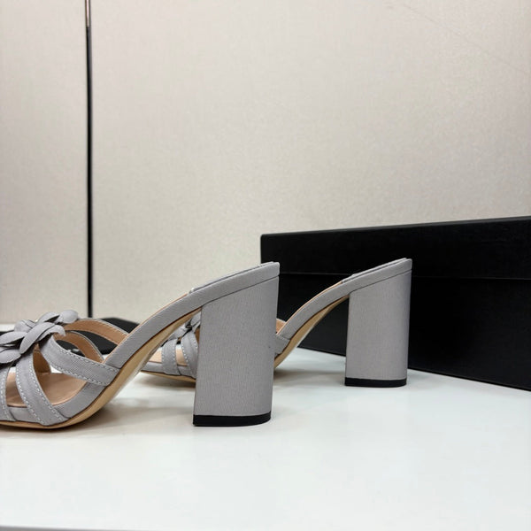 CC 25 Camellia Open Heel Mule Sandals 90mm Grey Beige Sheepskin And Fabric 368842