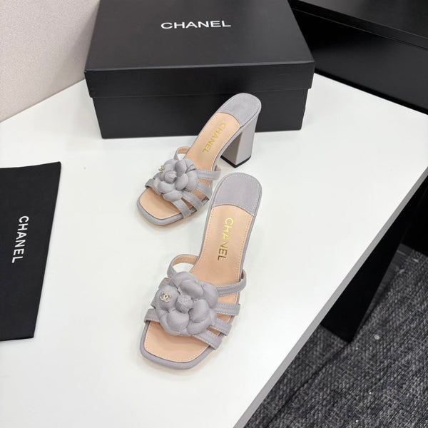 CC 25 Camellia Open Heel Mule Sandals 90mm Grey Beige Sheepskin And Fabric 368842
