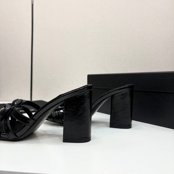 CC 25 Camellia Open Heel Mule Sandals 90mm Black Sheepskin 368843