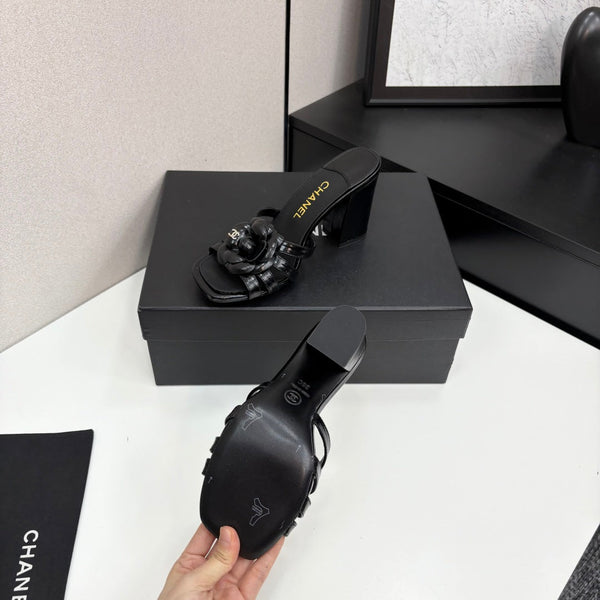 CC 25 Camellia Open Heel Mule Sandals 90mm Black Sheepskin 368843