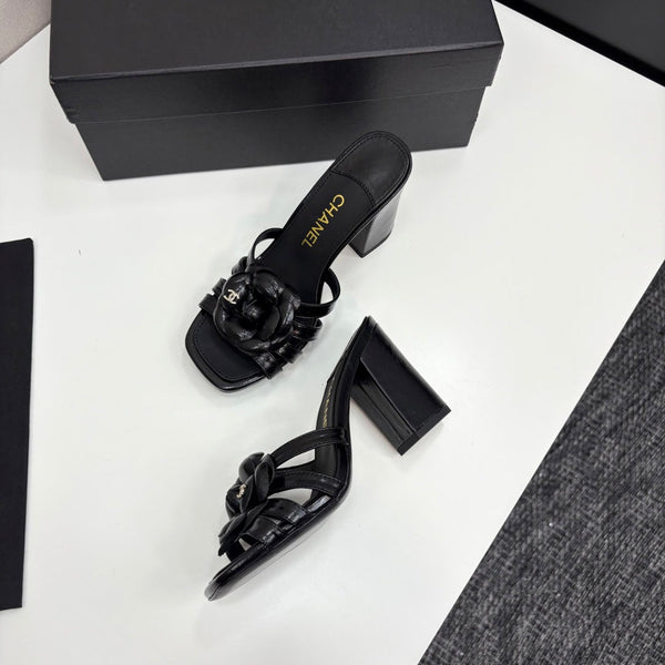 CC 25 Camellia Open Heel Mule Sandals 90mm Black Sheepskin 368843