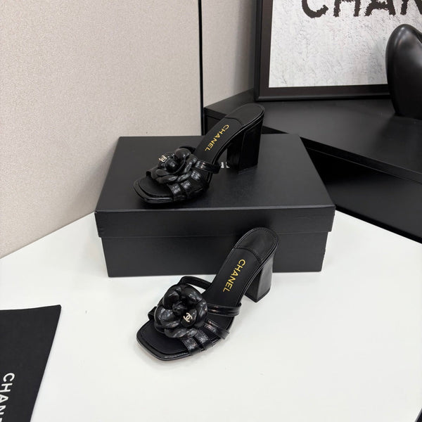 CC 25 Camellia Open Heel Mule Sandals 90mm Black Sheepskin 368843