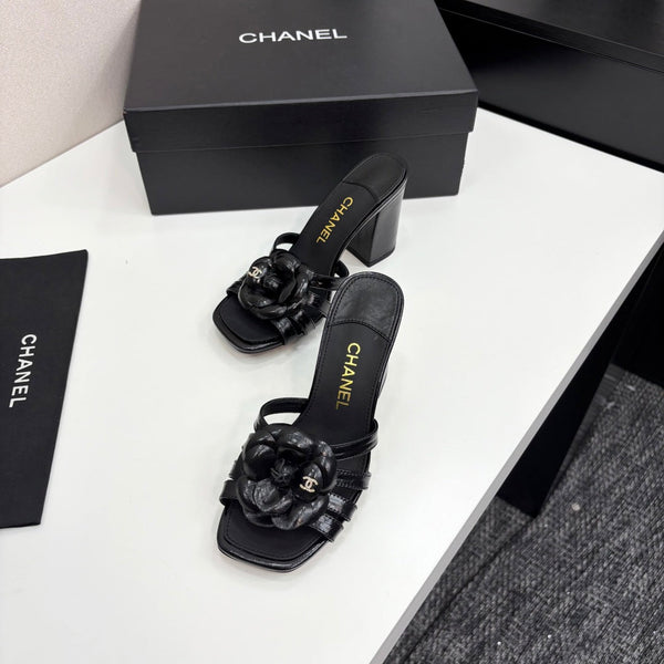 CC 25 Camellia Open Heel Mule Sandals 90mm Black Sheepskin 368843