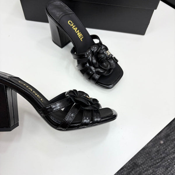 CC 25 Camellia Open Heel Mule Sandals 90mm Black Sheepskin 368843