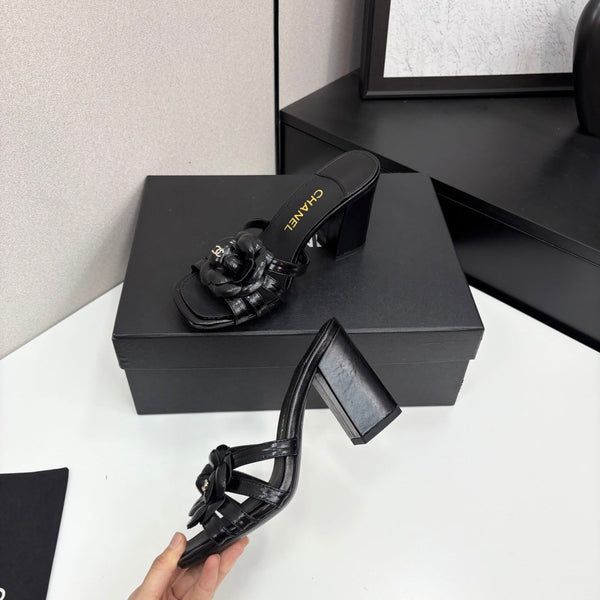 CC 25 Camellia Open Heel Mule Sandals 90mm Black Sheepskin 368843