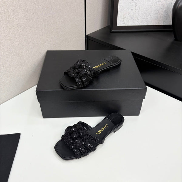 CC 25 Camellia Open Flat Mule Black Coarse Glitter Fabric And Sheepskin 368853