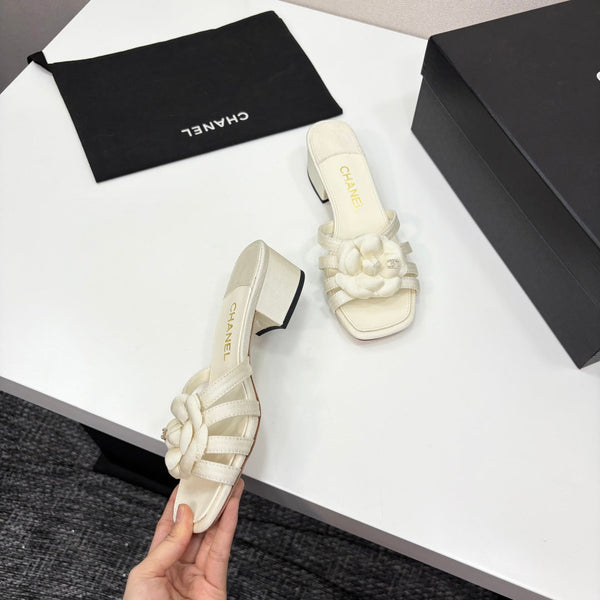 CC 25 Camellia Open Heel Mule Sandals 50mm Ivory Sheepskin And Fabric 368857