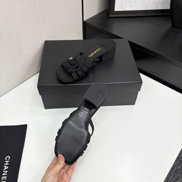 CC 25 Camellia Open Heel Mule Sandals 50mm Black Sheepskin And Fabric 368858