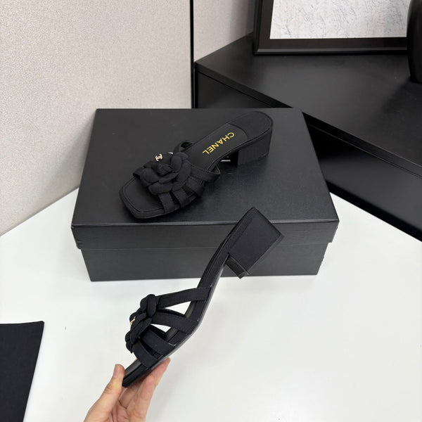 CC 25 Camellia Open Heel Mule Sandals 50mm Black Sheepskin And Fabric 368858