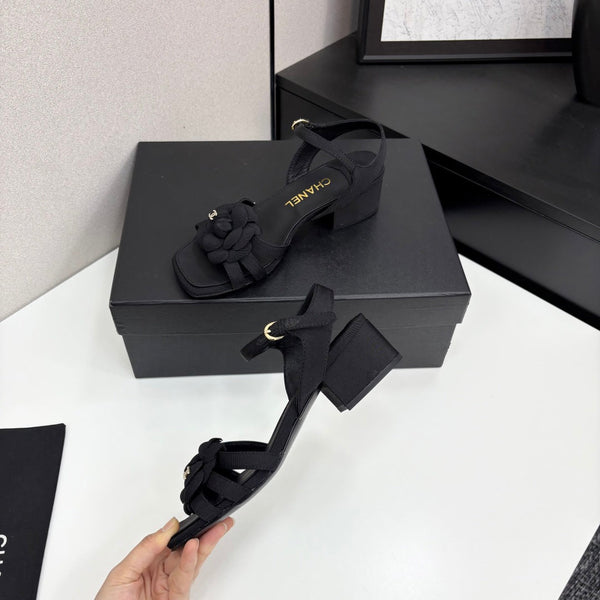 CC 25 Camellia Open Heel Sandals 50mm Black Sheepskin And Fabric 368811