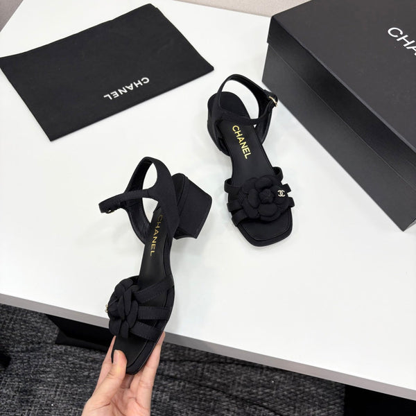 CC 25 Camellia Open Heel Sandals 50mm Black Sheepskin And Fabric 368811