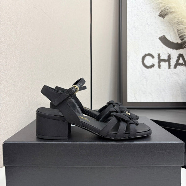 CC 25 Camellia Open Heel Sandals 50mm Black Sheepskin And Fabric 368811