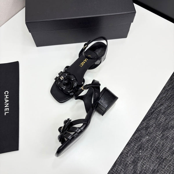 CC 25 Camellia Open Heel Sandals 50mm Black Sheepskin 368813