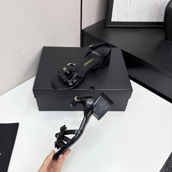 CC 25 Camellia Open Heel Sandals 50mm Black Sheepskin 368813