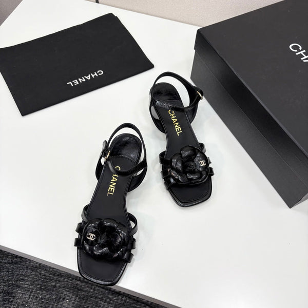 CC 25 Camellia Open Heel Sandals 50mm Black Sheepskin 368813