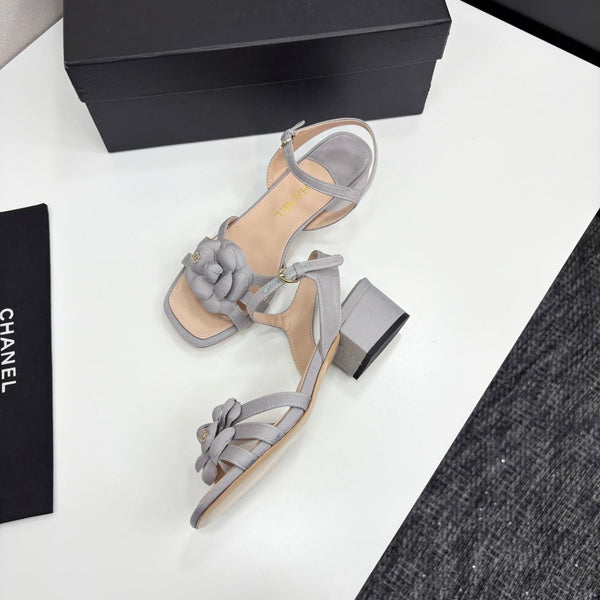 CC 25 Camellia Open Heel Sandals 50mm Grey Beige Sheepskin And Fabric 368814