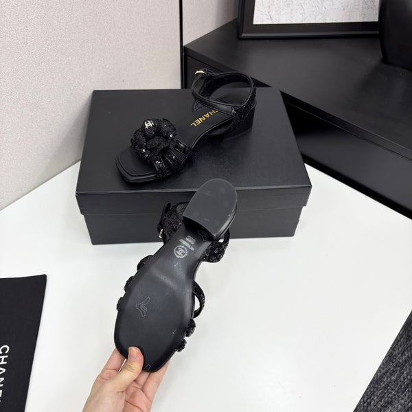 CC 25 Camellia Open Heel Sandals 50mm Black Coarse Glitter Fabric And Sheepskin 368815