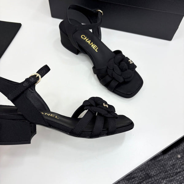 CC 25 Camellia Open Heel Sandals 50mm Black Sheepskin And Fabric 368811