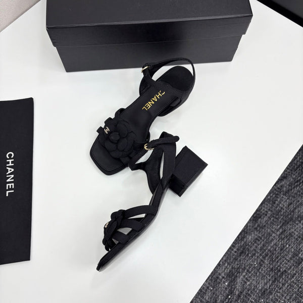 CC 25 Camellia Open Heel Sandals 50mm Black Sheepskin And Fabric 368811
