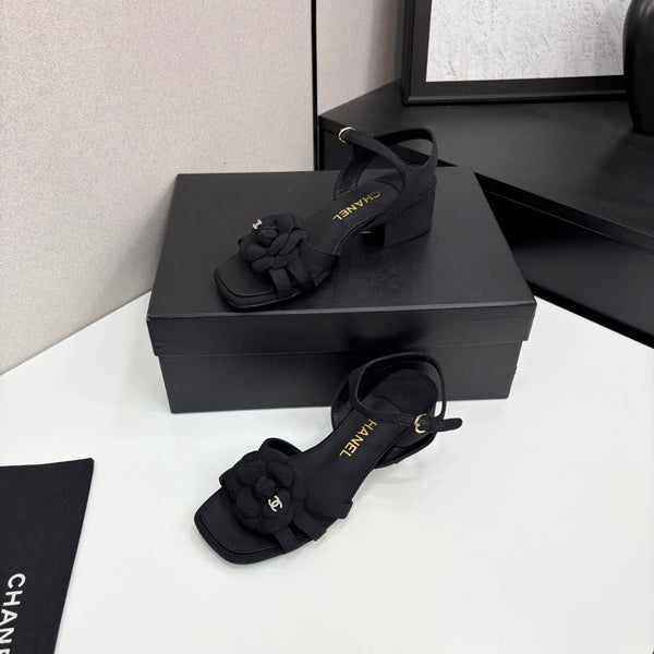 CC 25 Camellia Open Heel Sandals 50mm Black Sheepskin And Fabric 368811