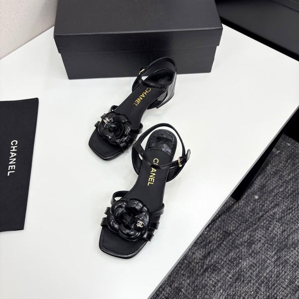 CC 25 Camellia Open Heel Sandals 50mm Black Sheepskin 368813