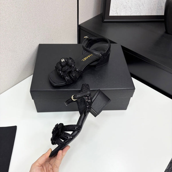 CC 25 Camellia Open Heel Sandals 50mm Black Coarse Glitter Fabric And Sheepskin 368815