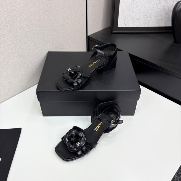 CC 25 Camellia Open Heel Sandals 50mm Black Sheepskin 368813