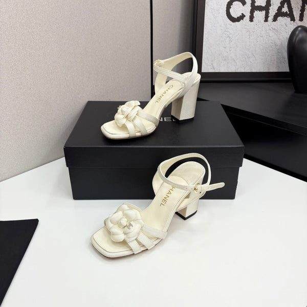 CC 25 Camellia Open Heel Sandals 90mm Ivory Sheepskin And Fabric 368816