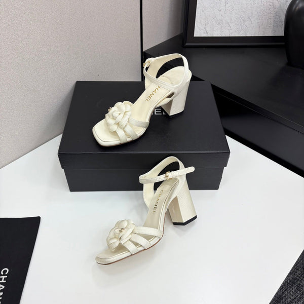 CC 25 Camellia Open Heel Sandals 90mm Ivory Sheepskin And Fabric 368816