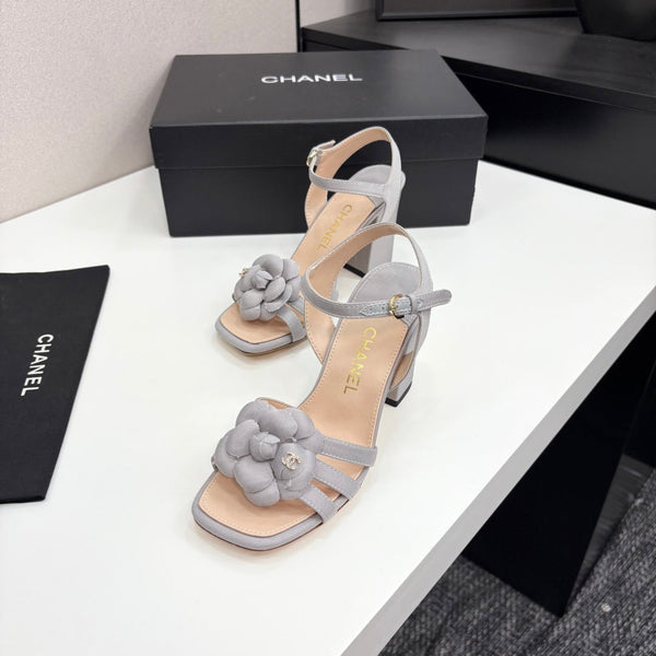 CC 25 Camellia Open Heel Sandals 90mm Grey Beige Sheepskin And Fabric 368817