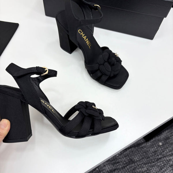 CC 25 Camellia Open Heel Sandals 90mm Black Sheepskin And Fabric 368819