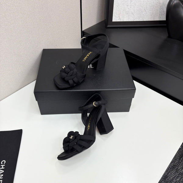 CC 25 Camellia Open Heel Sandals 90mm Black Sheepskin And Fabric 368819