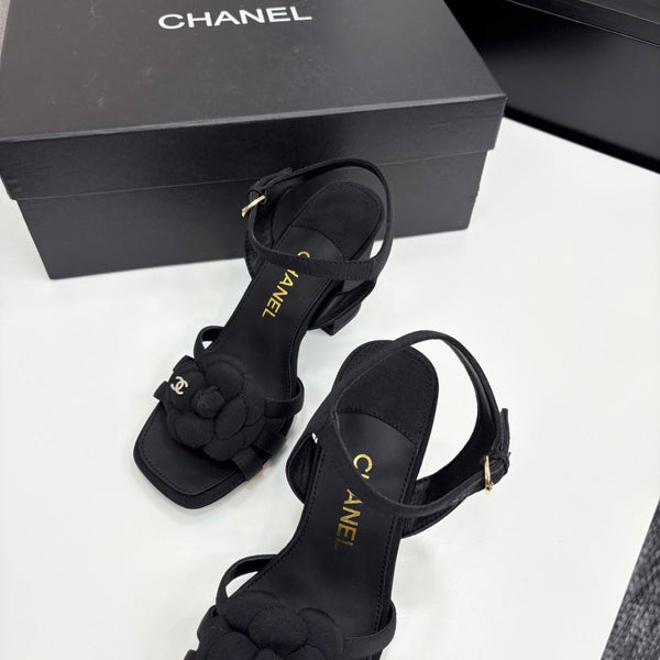 CC 25 Camellia Open Heel Sandals 90mm Black Sheepskin And Fabric 368819