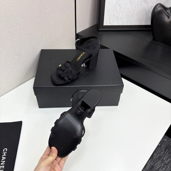 CC 25 Camellia Open Heel Sandals 90mm Black Sheepskin And Fabric 368819