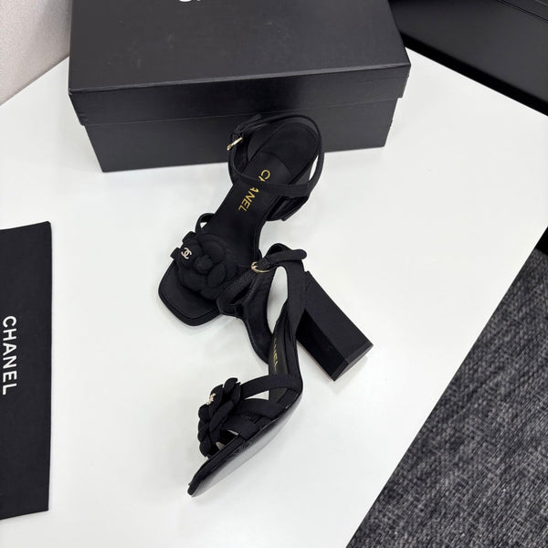 CC 25 Camellia Open Heel Sandals 90mm Black Sheepskin And Fabric 368819