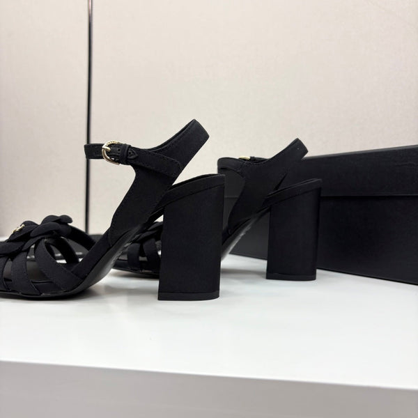 CC 25 Camellia Open Heel Sandals 90mm Black Sheepskin And Fabric 368819