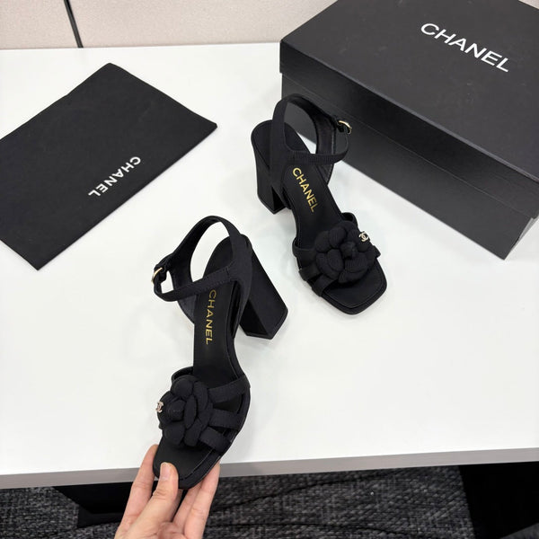 CC 25 Camellia Open Heel Sandals 90mm Black Sheepskin And Fabric 368819