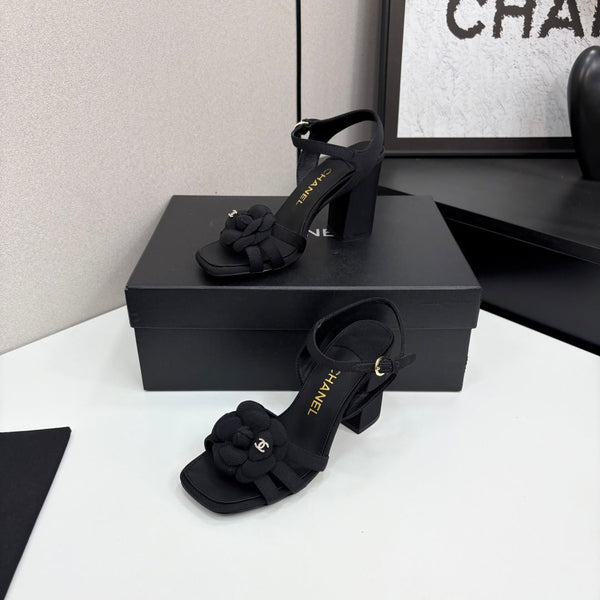 CC 25 Camellia Open Heel Sandals 90mm Black Sheepskin And Fabric 368819