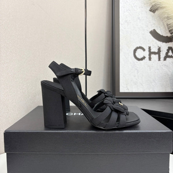 CC 25 Camellia Open Heel Sandals 90mm Black Sheepskin And Fabric 368819