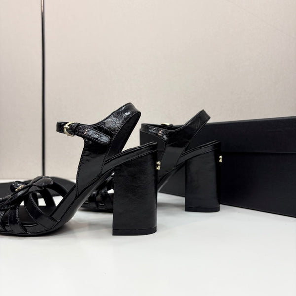 CC 25 Camellia Open Heel Sandals 90mm Black Sheepskin 368820