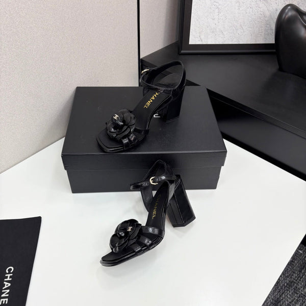 CC 25 Camellia Open Heel Sandals 90mm Black Sheepskin 368820