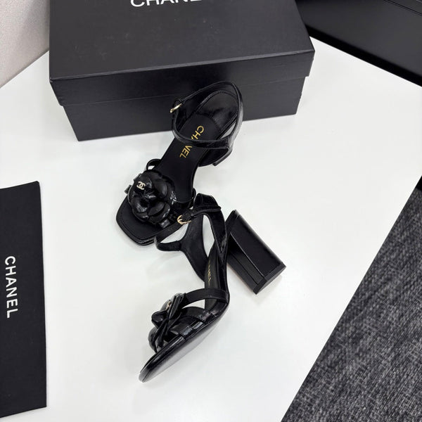 CC 25 Camellia Open Heel Sandals 90mm Black Sheepskin 368820